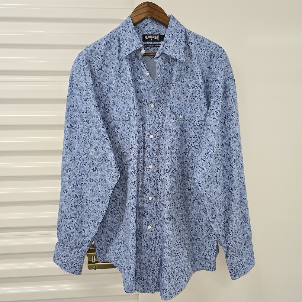 Panhandle Slim Men L Blue Paisley Western‎ Pearl Snap Shirt Cowboy Cotton